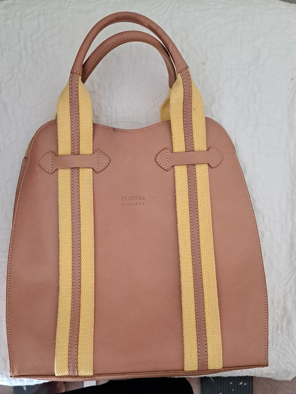 CLAUDIA Tan Leather Tote with Yellow Straps